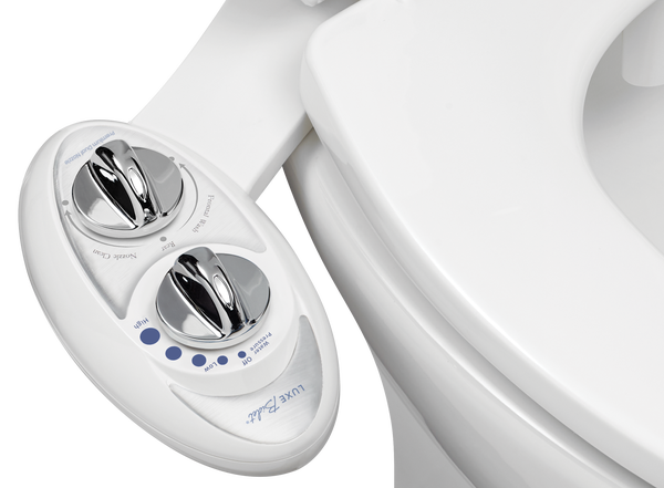 LUXE Bidet W85 Fresh Water Dual-Nozzle Self-Cleaning Non-Electric Bidet Attachment, Pearl Grey on White