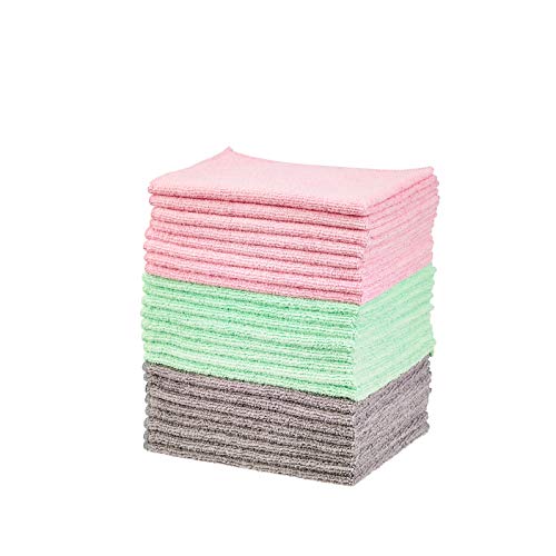 Amazon Basics Microfiber Cleaning Cloths, Non-Abrasive, Reusable and Washable - Pack of 24, 12 x16-Inch, Pink, Green and Gray