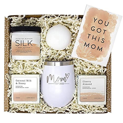 First Time Mom Relaxing Spa Gifts Basket with White Tumbler 