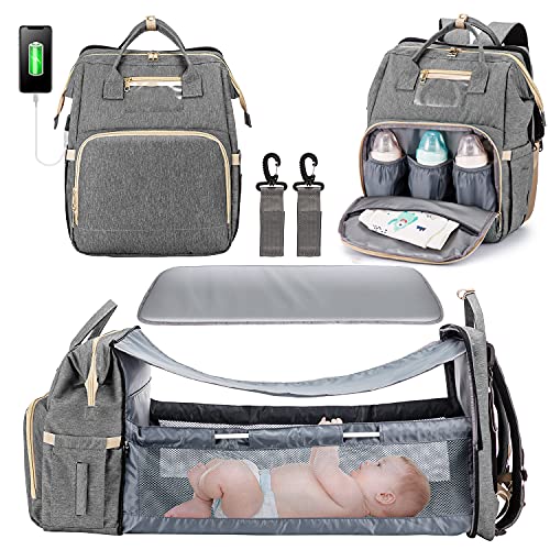 3 in 1 Diaper Bag Backpack with Changing Station, Travel Bassinet with USB Charging Port and Shade Cloth 