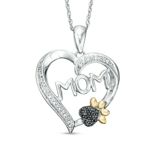 1/20 CT. T.W. Enhanced Black and White Diamond "MOM" with Paw Print Heart Pendant in Sterling Silver and 10K Gold