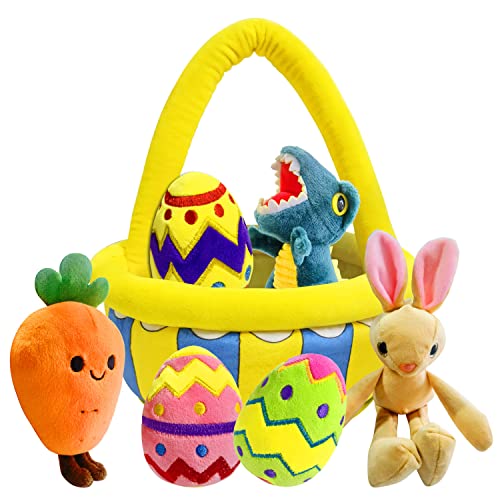 7 Pcs Easter Plush Basket Goodie Bags Stuffers Plushies Playset Basket Fillers Toys for Party Favor, Plush Easter Bunny Eggs for Kids