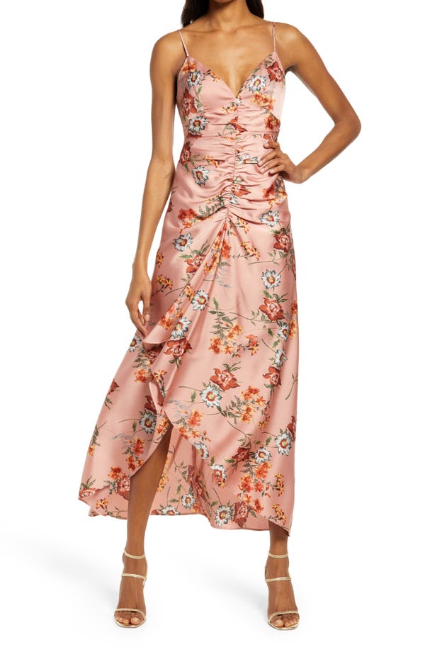 Floral Ruched Front Satin Midi Dress
