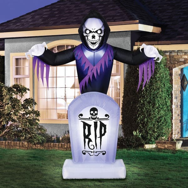 8' Animated Inflatable Reaper Behind Tombstone