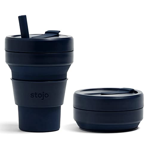 Stojo Collapsible Travel Cup With Straw – Denim Blue, 16oz