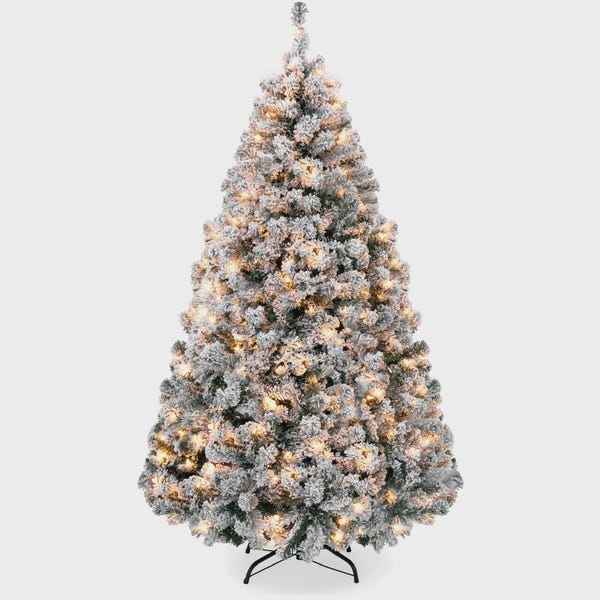 Best Choice Products Clear LED Green Prelit Pine Holiday Christmas Tree, with Snow Flocked Branches including 250 Lights 6'