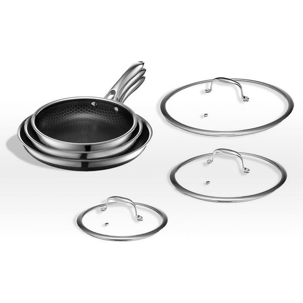 HexClad Hybrid Stainless Steel 6 Piece Frying Pan Set with Lids 8, 10, & 12  Inch