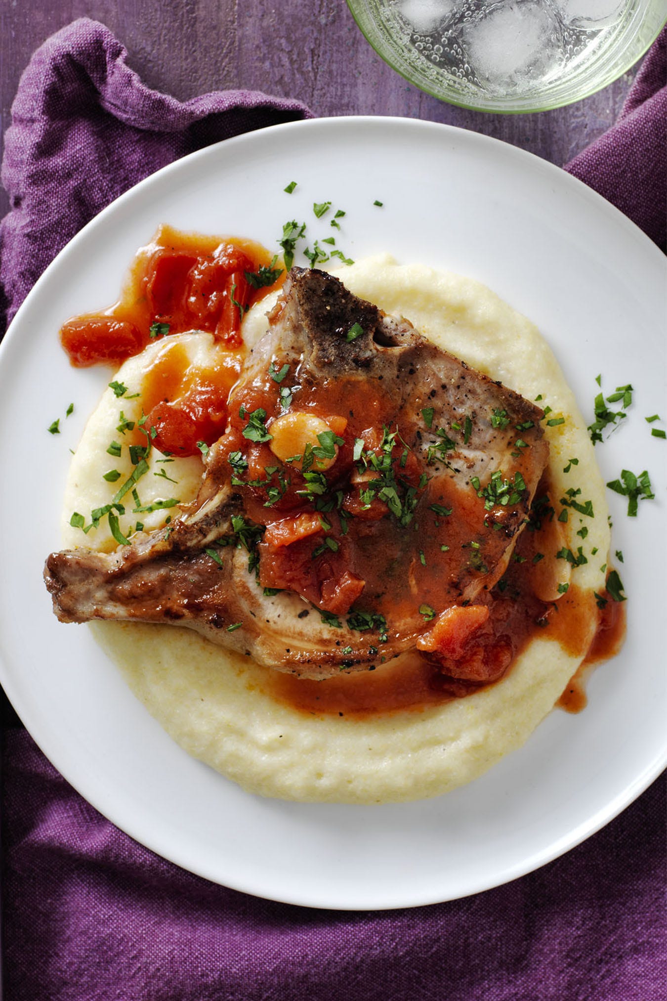 Best Pork Chops and Garlicky Tomatoes with Parmesan Polenta Recipe